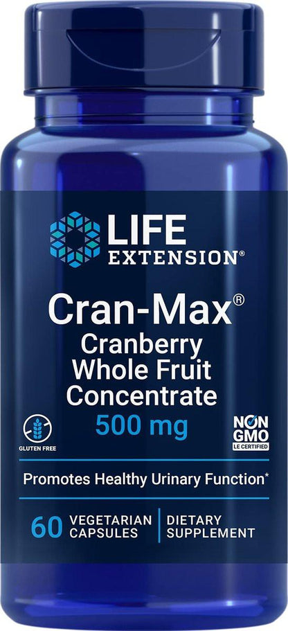Life Extension Cran-Max®, 500 mg, Cranberry Whole Fruit Concentrate, Promotes Urinary Tract Health with Powerful Antioxidants, Gluten-Free, Vegetarian, Non-GMO, 60 Capsules