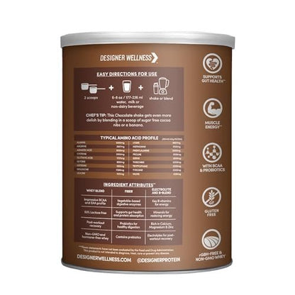Designer Wellness Designer Whey Natural Whey Protein Powder with Probiotics, Fiber, and Key B-Vitamins for Energy, Gluten-Free, Gourmet Chocolate, 12 oz