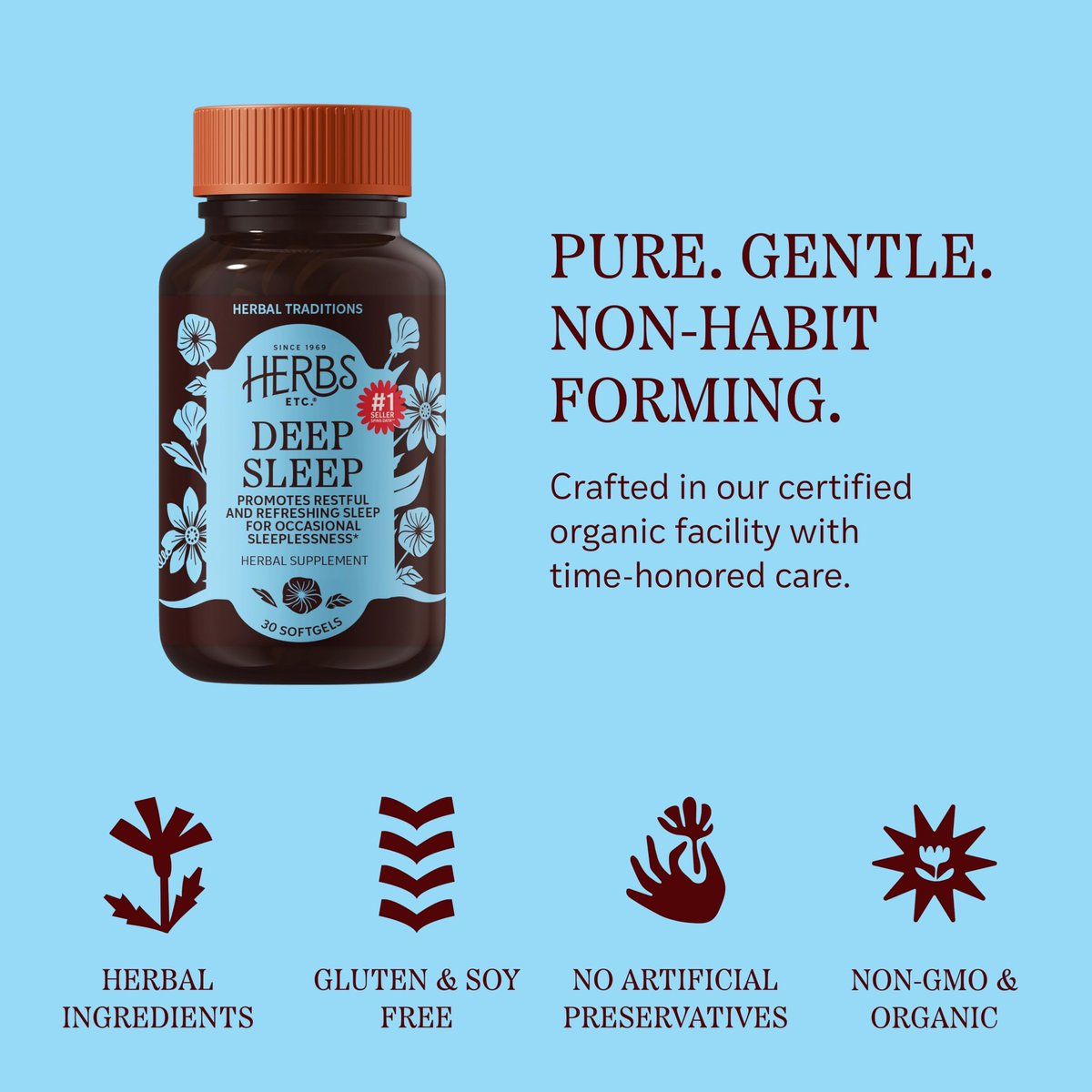Herbs Etc. Deep Sleep Softgels - Holistic Bedtime Supplement for Calming Sleep Aid - Chamomile, Lemon Balm Extract & Passionflower - Melatonin-Free, Gluten-Free & Organic - 30 Count (30 Servings) - görsel 6