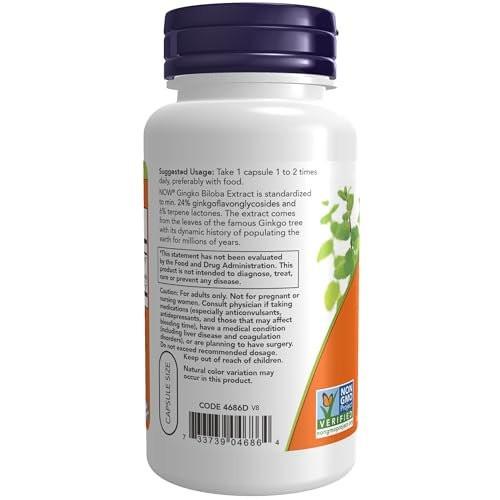 NOW Foods Supplements, Ginkgo Biloba 60 mg, 24% Standardized Extract, Non-GMO Project Verified, 60 Veg Capsules - görsel 1