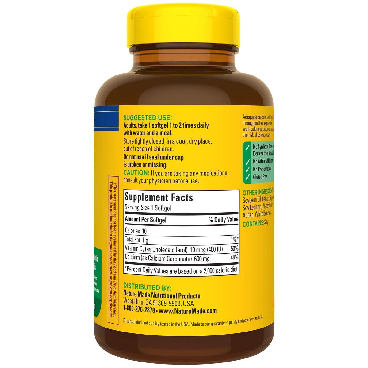 Nature Made Calcium 600 mg with Vitamin D3, Dietary Calcium Supplement for Bone Support, 100 Softgels - görsel 12