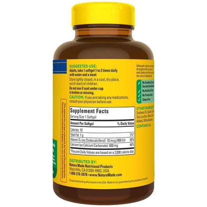 Nature Made Calcium 600 mg with Vitamin D3, Dietary Calcium Supplement for Bone Support, 100 Softgels