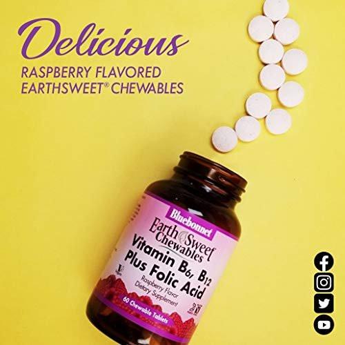 Bluebonnet Nutrition Earth Sweet Vitamin B6, B12, Plus Folic Acid Chewable Tablets, Vegan, Vegetarian, Gluten Free, Soy Free, Milk Free, Kosher, 60 Chewable Tablets, Raspberry Flavor - görsel 2