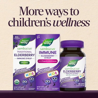 Nature’s Way Sambucus Immune Elderberry Syrup with Vitamin C, Zinc, Echinacea & Propolis, Concentrated Black Elderberry Extract, Immune Support with Superfood Antioxidants(1)*, Berry Flavored, 8 Fl Oz