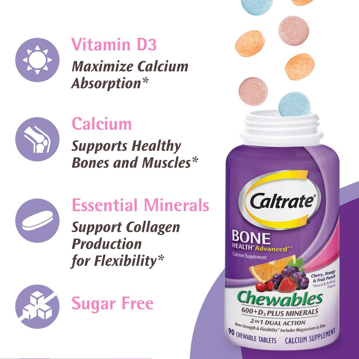 Caltrate Chewables 600 +D3 Plus Minerals Calcium and Vitamin D, Sugar Free, Cherry, Orange and Fruit Punch, 90 Count - görsel 3