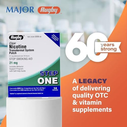 Rugby Clear Nicotine Patches - 21mg Transdermal System Patch - Smoking or Vaping Quitting Aid - Step 1 - 14 Count (1 Pack)