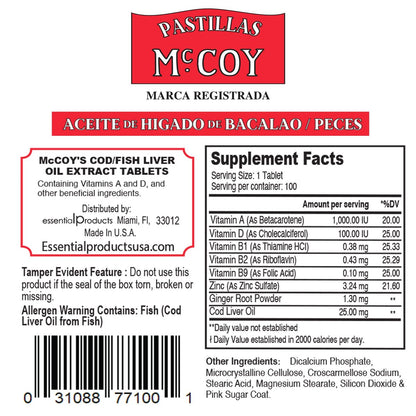 Mccoy Cod/Fish Liver Oil Extract Tablets 40 - High Potency Omega-3 Supplement
