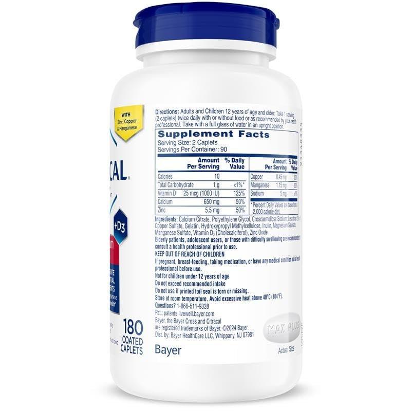 Citracal Maximum Plus Calcium Supplement - Calcium Citrate with Vitamin D3, Zinc, & Essential Minerals for Bone Health Support, Ages 12+, 180 Count (Packaging May Vary) - görsel 13