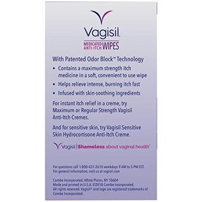 Vagisil Anti-Itch Medicated Feminine Vaginal Wipes, Maximum Strength, Instant Relief, 20 Wipes (Pack of 3)
