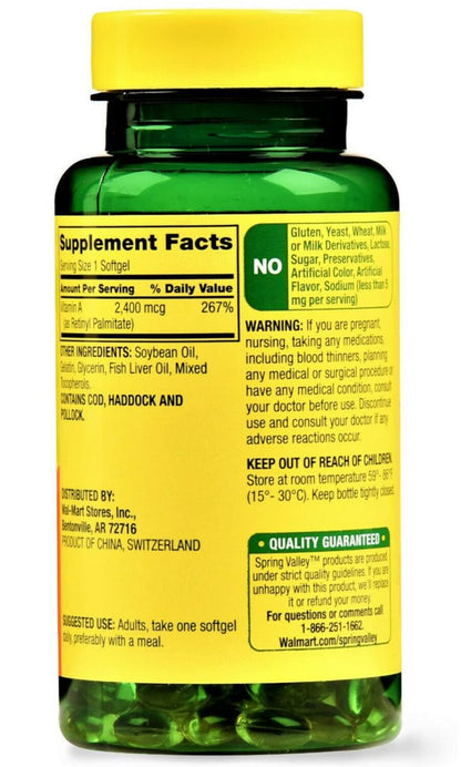Spring Valley Vitamin A Supplement 2400 MCG, 250 Softgels