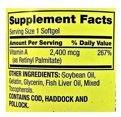 Spring Valley Vitamin A Supplement 2400 MCG, 250 Softgels