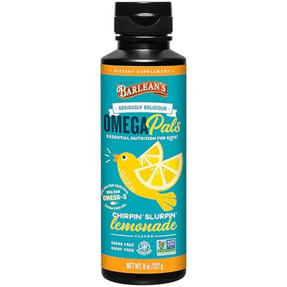 Barlean's Omega Pals Chirpin' Slurpin' Lemonade Flavored Omega-3 for Kids - Yummy Children's Liquid Fish Oil Supplement with 540 mg of EPA and DHA Fatty Acid for Brain & Eye Health, 8 oz