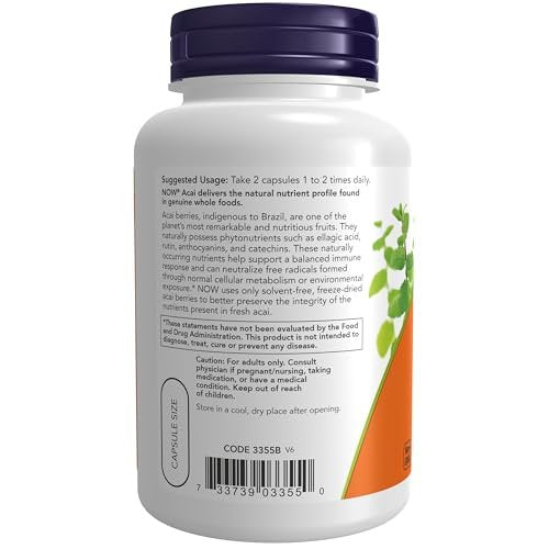 NOW Foods Supplements, Acai 500 mg, Freeze-Dried Super Fruit with Polyphenols, Ellagic Acid, Rutin, Anthocyanins and Catechins, 100 Veg Capsules - görsel 1