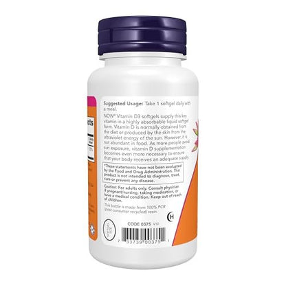 NOW Foods Supplements, Vitamin D-3 1,000 IU, High Potency, Structural Support, 360 Softgels