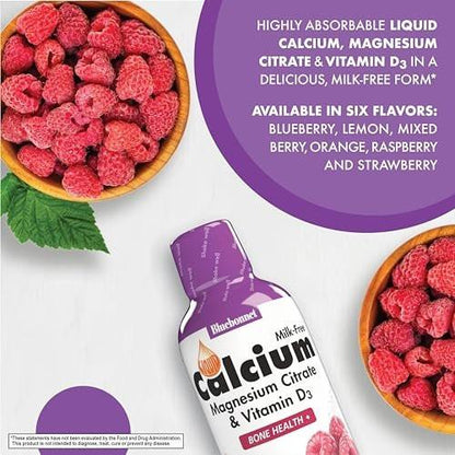 Bluebonnet Liquid Calcium Citrate Magnesium Citrate with Vitamin D3 – Raspberry Flavor, 16 Fl Oz (32 Servings) – Bone Health Supplement, Gluten Free, Soy Free, Milk Free, Kosher