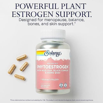 SOLARAY PhytoEstrogen Menopause Supplements - Wild Yam, Black Cohosh, and Dong Quai Estrogen Pills for Women's Health - Vegan, Lab Verified, 60-Day Guarantee (30 Servings, 120 VegCaps)