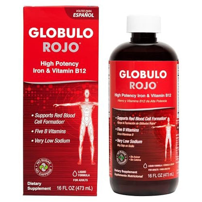 Globulo Rojo Iron Supplement - Liquid Dietary Supplement with High Potency Iron & B Vitamins (Vegan) (16 Fl Oz)