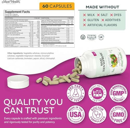 Teen Vitamins for Girls 12-17 - Teen Multivitamin Supreme with D3, Iron, Calcium, Biotin, Digestive Enzymes – Teenager Girl Multi Vitamins for Energy, Immune & Mood Support – 60 Count