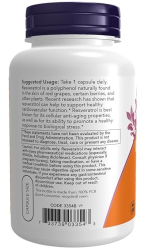 NOW Supplements, Natural Resveratrol 200 mg with Red Wine Extract, 120 Veg Capsules - görsel 1
