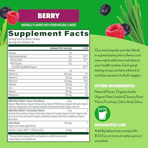 Amazing Grass Super Greens Powder, Organic, Greens Superfood Powder, Smoothie Supplements, Supports Digestion, Probiotics, Spirulina, Beet Root, Berry, 30 Servings, 8.5 Ounce - görsel 18