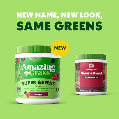 Amazing Grass Super Greens Powder, Organic, Greens Superfood Powder, Smoothie Supplements, Supports Digestion, Probiotics, Spirulina, Beet Root, Berry, 30 Servings, 8.5 Ounce