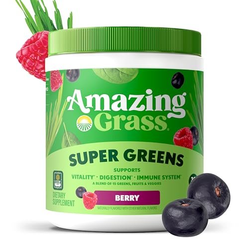 Amazing Grass Super Greens Powder, Organic, Greens Superfood Powder, Smoothie Supplements, Supports Digestion, Probiotics, Spirulina, Beet Root, Berry, 30 Servings, 8.5 Ounce - görsel 3