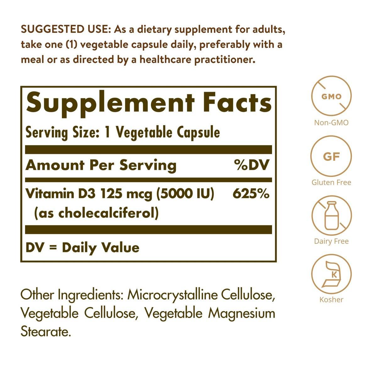 Solgar Vitamin D3 (Cholecalciferol) 125 Mcg (5000 IU), 120 Vegetable Capsules - Helps Maintain Healthy Bones & Teeth - Immune System Support - Non-GMO, Gluten Free, Dairy Free, Kosher - 120 Servings - görsel 2