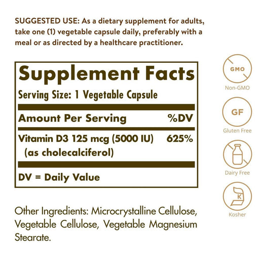 Solgar Vitamin D3 (Cholecalciferol) 125 Mcg (5000 IU), 120 Vegetable Capsules - Helps Maintain Healthy Bones & Teeth - Immune System Support - Non-GMO, Gluten Free, Dairy Free, Kosher - 120 Servings