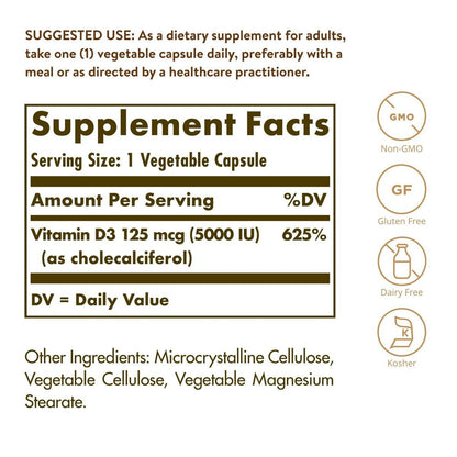 Solgar Vitamin D3 (Cholecalciferol) 125 Mcg (5000 IU), 120 Vegetable Capsules - Helps Maintain Healthy Bones & Teeth - Immune System Support - Non-GMO, Gluten Free, Dairy Free, Kosher - 120 Servings