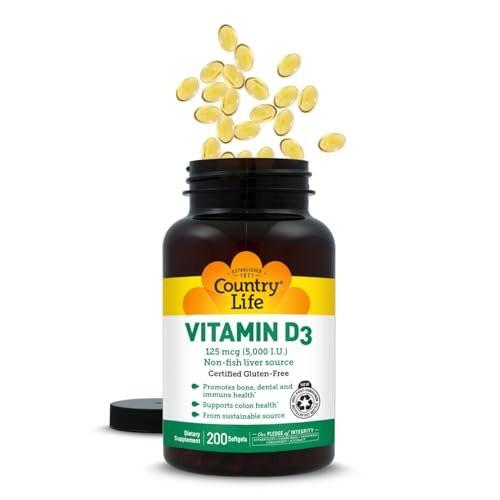 Country Life Vitamin D3 5000 IU for Immune and Bone Health, Calcium Absorption, and Colon Health - Sustainable Source from Lanolin, Available in Various Strengths - görsel 1