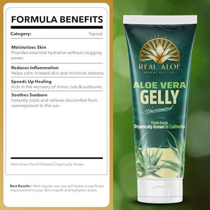 Real Aloe Aloe Vera Gelly (8 fl oz) | Organic Inner Leaf Aloe for Face, Skin & Hair | Unscented, Non-Sticky Hydration | After Sun & Daily Moisturize