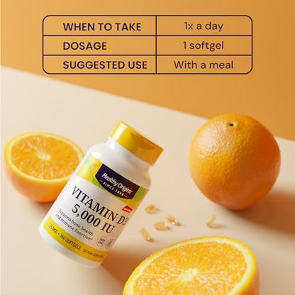 Healthy Origins Vitamin D3 (Lanolin) 5,000 IU Softgel - Bone Health and Immune Support Supplement - Easily Absorbable Vitamin D Supplements - Gluten-Free Vitamin D3 Supplement - 360 Softgels