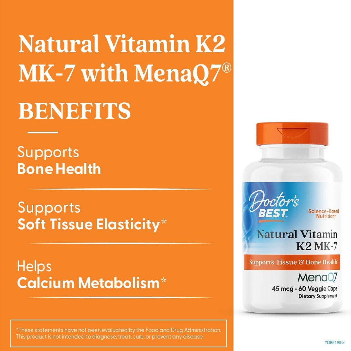 Doctor's Best Natural Vitamin K2 MK7 Supplement for Men & Women - Bone Health Support, 45 mcg Vitamin K-2 MK-7 Capsules with MenaQ7, Calcium Support, Non GMO, Vegan - 60 Veg Caps - görsel 3