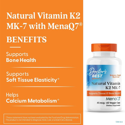 Doctor's Best Natural Vitamin K2 MK7 Supplement for Men & Women - Bone Health Support, 45 mcg Vitamin K-2 MK-7 Capsules with MenaQ7, Calcium Support, Non GMO, Vegan - 60 Veg Caps