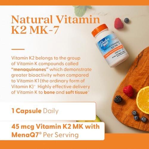 Doctor's Best Natural Vitamin K2 MK7 Supplement for Men & Women - Bone Health Support, 45 mcg Vitamin K-2 MK-7 Capsules with MenaQ7, Calcium Support, Non GMO, Vegan - 60 Veg Caps - görsel 8