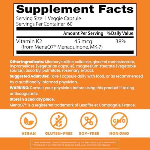 Doctor's Best Natural Vitamin K2 MK7 Supplement for Men & Women - Bone Health Support, 45 mcg Vitamin K-2 MK-7 Capsules with MenaQ7, Calcium Support, Non GMO, Vegan - 60 Veg Caps - görsel 6