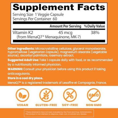 Doctor's Best Natural Vitamin K2 MK7 Supplement for Men & Women - Bone Health Support, 45 mcg Vitamin K-2 MK-7 Capsules with MenaQ7, Calcium Support, Non GMO, Vegan - 60 Veg Caps
