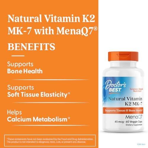 Doctor's Best Natural Vitamin K2 MK7 Supplement for Men & Women - Bone Health Support, 45 mcg Vitamin K-2 MK-7 Capsules with MenaQ7, Calcium Support, Non GMO, Vegan - 60 Veg Caps - görsel 4