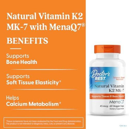 Doctor's Best Natural Vitamin K2 MK7 Supplement for Men & Women - Bone Health Support, 45 mcg Vitamin K-2 MK-7 Capsules with MenaQ7, Calcium Support, Non GMO, Vegan - 60 Veg Caps