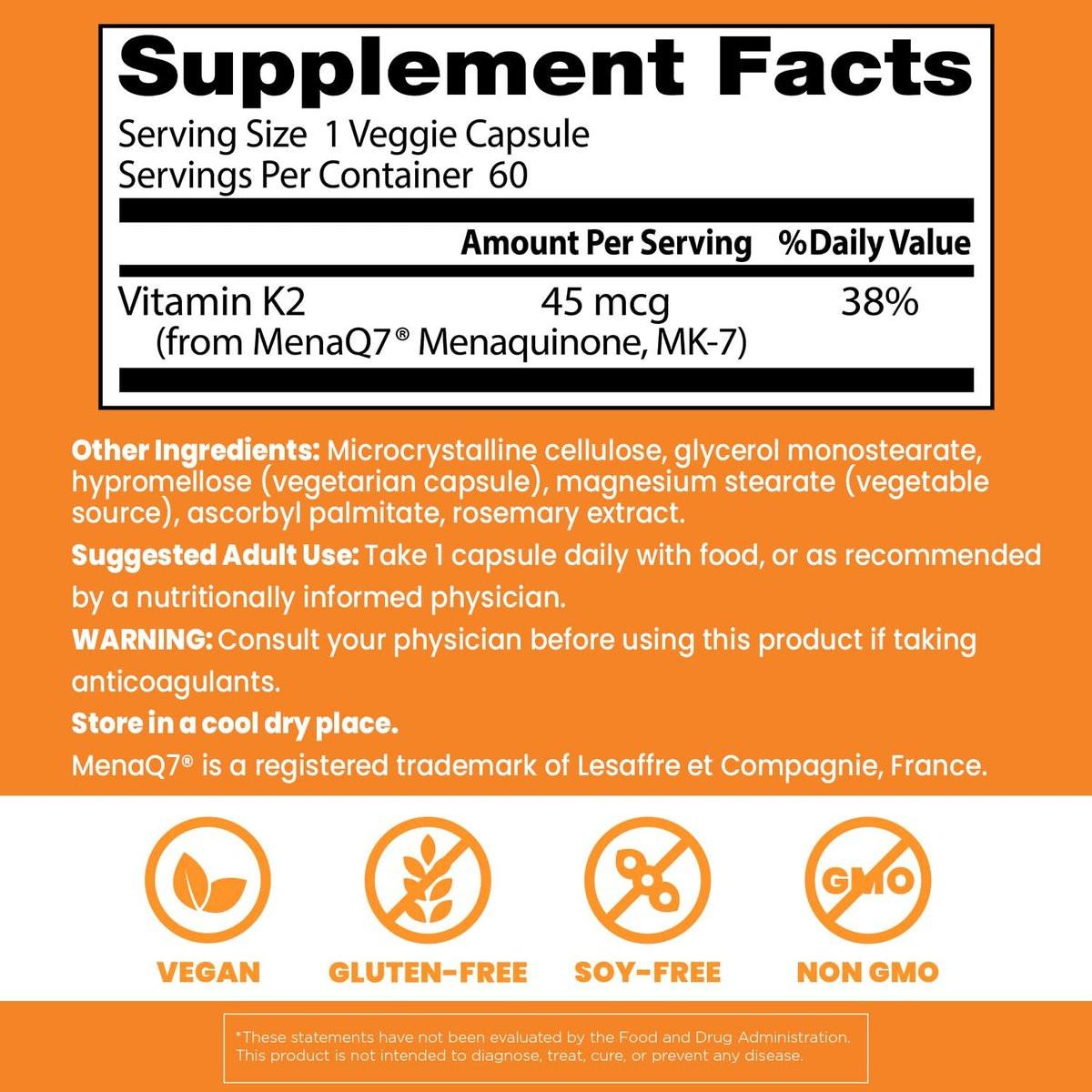 Doctor's Best Natural Vitamin K2 MK7 Supplement for Men & Women - Bone Health Support, 45 mcg Vitamin K-2 MK-7 Capsules with MenaQ7, Calcium Support, Non GMO, Vegan - 60 Veg Caps - görsel 5