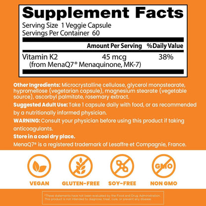 Doctor's Best Natural Vitamin K2 MK7 Supplement for Men & Women - Bone Health Support, 45 mcg Vitamin K-2 MK-7 Capsules with MenaQ7, Calcium Support, Non GMO, Vegan - 60 Veg Caps