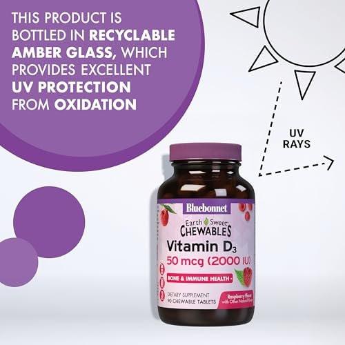 Bluebonnet Nutrition Earth Sweet Vitamin D3 2000 IU Chewable Tablets, Aids in Muscle and Skeletal Growth, D3, Non GMO, Gluten Free, Soy Free, Milk Free, Kosher, 90 Chewable Tablets, Raspberry Flavor - görsel 7