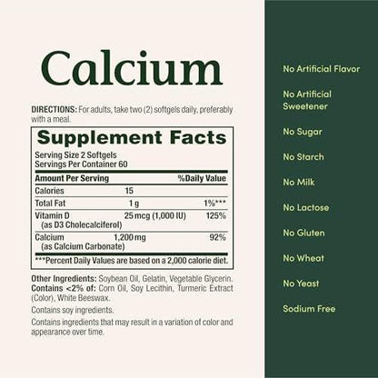 Nature’s Bounty Calcium 1200 mg with Vitamin D3, Bone Health & Immune Support, Vitamin D3 1000 IU, 220 Softgels