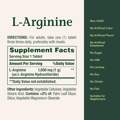 Nature’s Bounty L-Arginine 1000mg for Supporting Blood Flow and Vascular Function – Non-GMO, Gluten Free, 50 Tablets