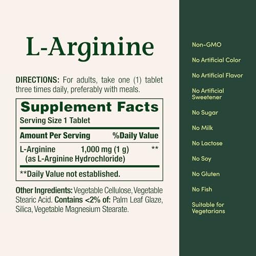 Nature’s Bounty L-Arginine 1000mg for Supporting Blood Flow and Vascular Function – Non-GMO, Gluten Free, 50 Tablets