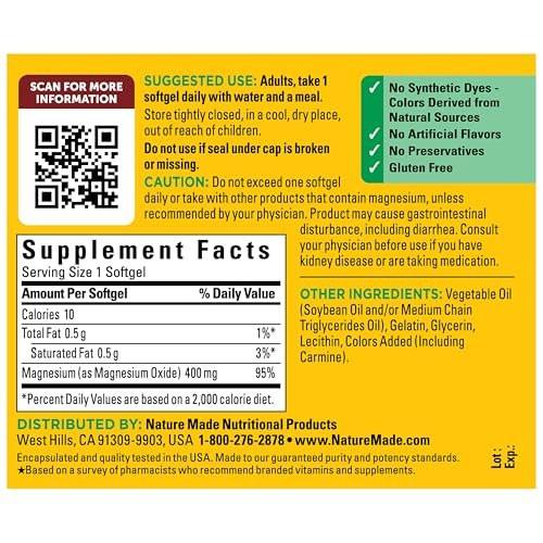 Nature Made Magnesium Oxide 400 mg Softgels, Extra Strength Magnesium Supplements for Men and Women, Support for Muscle, Nerve, Bone and Heart, 60 Day Supply - görsel 10