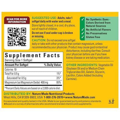 Nature Made Magnesium Oxide 400 mg Softgels, Extra Strength Magnesium Supplements for Men and Women, Support for Muscle, Nerve, Bone and Heart, 60 Day Supply