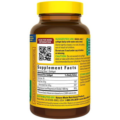 Nature Made Magnesium Oxide 400 mg Softgels, Extra Strength Magnesium Supplements for Men and Women, Support for Muscle, Nerve, Bone and Heart, 60 Day Supply