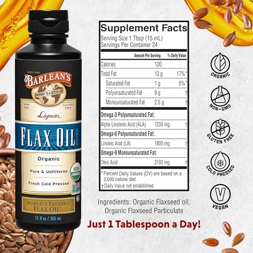 Barlean's Organic Lignan Flaxseed Oil Liquid Supplement from Cold Pressed Flax Seeds, 7,230 mg ALA Omega-3 Fatty Acids for Healthy Hair, Skin, and Eyes, Gluten Free, 12 oz - görsel 4