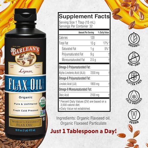 Barlean's Organic Lignan Omega 3 Flaxseed Oil Liquid Supplement for Men and Women, Cold Press Flax Seeds, 7230mg ALA Fatty Acid, Vegan and Gluten Free, 16 oz - görsel 1
